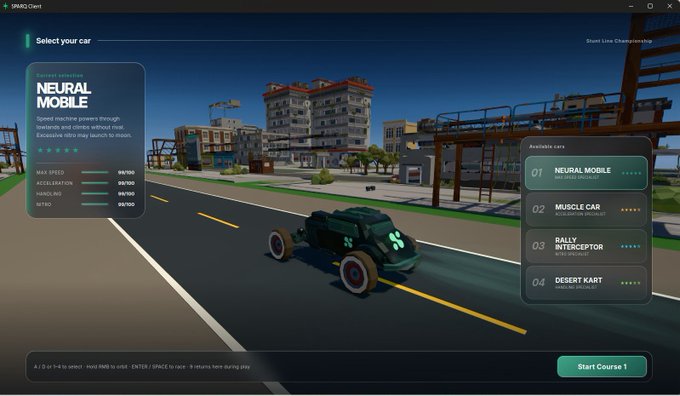 A racing game interface showing car selection, with the "NEURAL MOBILE" car currently selected for a "Short Line Championship" course.