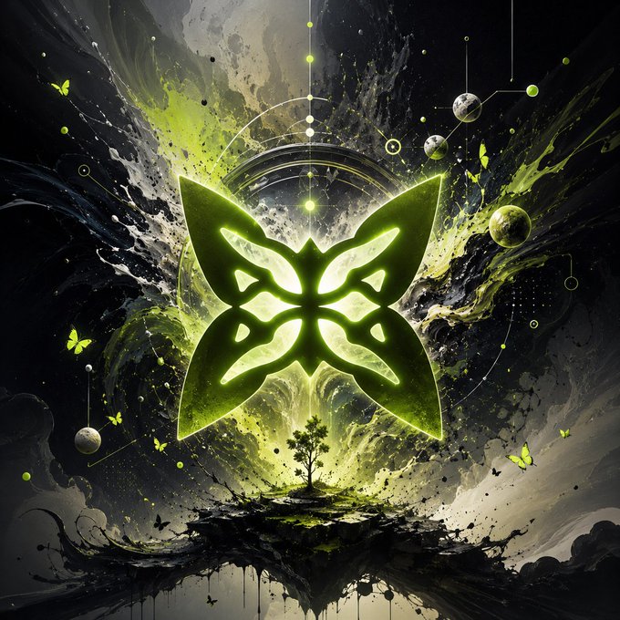The image features an artistic and vibrant graphic design that resembles a large green butterfly emerging from the center of a tree, surrounded by various elements such as planets and stars within a digital environment with a dark background or night sky theme. The design seems to be inspired by nature, possibly a symbol representing the life cycle of a butterfly, and it is designed in an abstract style with different shades of green and purple colors. This artwork showcases creativity and encourages interaction through the use of social media, as suggested by the caption provided for the image.