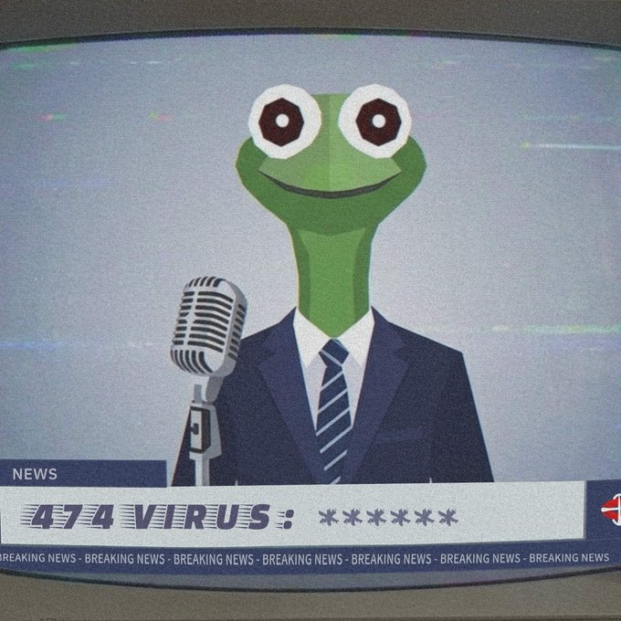The image features a cartoon frog wearing a suit, tie, and holding a microphone. The frog appears to be smiling at the camera while standing next to a TV screen that displays text related to viruses and news. The caption below the image reads "Early alpha @VyrusNfts it was never created it appeared. 474 low poly corrupted Jpegs Supply: 474 Chain: ETH Date: TBA Price: TBA Giving away 5 GTD and ?".