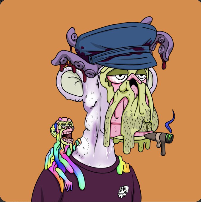 A surreal cartoon illustration of a zombie-like figure with a melting, dripping face wearing a blue cap, smoking a cigar, with a small colorful monkey perched on its shoulder.