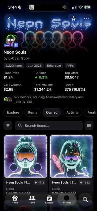 A screenshot of the Neon Souls NFT collection page on OpenSea shows 2,220 items with a floor price of $1.24, 24-hour volume of $2.68, and listings totaling 375. The image serves as proof of ownership for a giveaway where 10 winners will receive 20 NFTs from the collection.