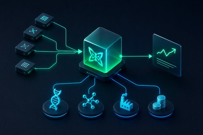 A glowing green cube displaying an atom-like symbol sits at the center of the image, connected by neon lines to data inputs on the left and various application icons—including a DNA helix, molecular structure, factory, and coin stack—below, illustrating how Quip Network channels computational resources into solving real-world problems like genomics, chemistry, manufacturing, and finance.