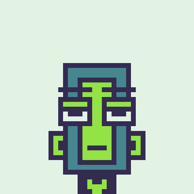 A pixel art character with a teal head, green facial features, and a serious expression on a light green background.
