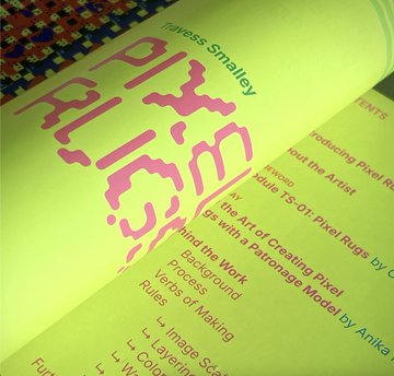 The image shows an open book with a yellow cover featuring pink text that reads "Pixel Rugs" along with some other information about the project. The book appears to be a guide or manual for creating pixel art, which is a type of digital artwork made from small square tiles called pixels. The content on the pages suggests that the book provides instructions and techniques for producing pixel art, possibly including rules for layering images and models, as well as tips for creating interesting patterns and textures using pixel art.