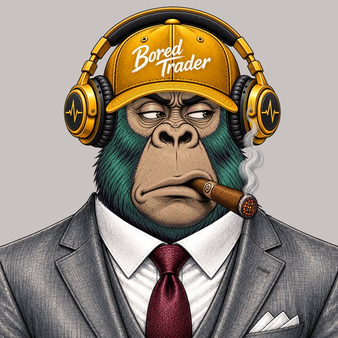 Digital illustration/avatar of a stylized monkey/ape wearing a yellow 'Bored Trader' cap, gold headphones, a grey suit with red tie, and smoking a cigar.