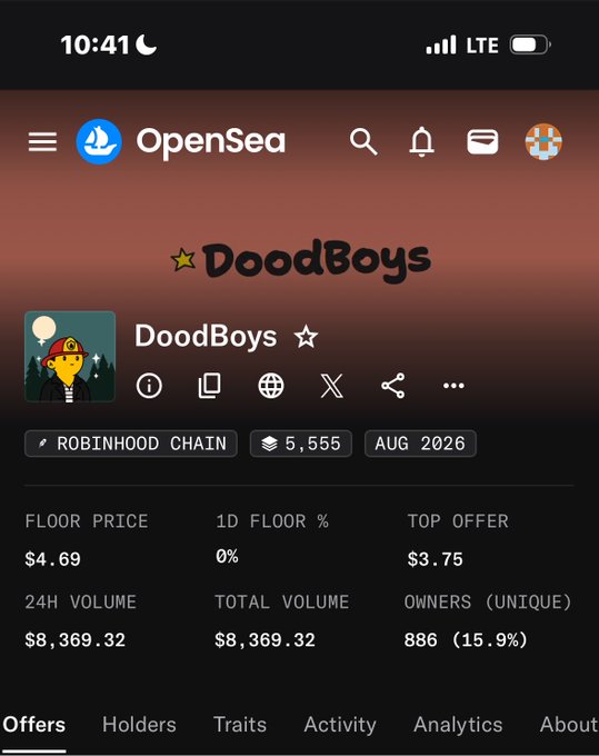 OpenSea mobile screenshot displaying the DoodBoys NFT collection stats: floor price $4.69, 24H volume $8,369.32, total volume $8,369.32, with 886 unique owners (15.9%) on Robinhood Chain, 5,555 items.