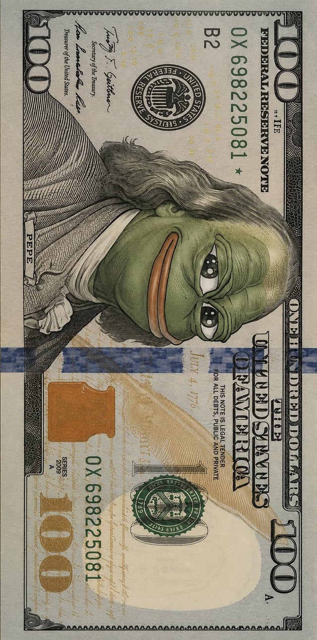 A modified $100 US Federal Reserve Note featuring the face of Pepe the Frog superimposed over Benjamin Franklin, with 'ONE HUNDRED DOLLARS' prominently displayed.