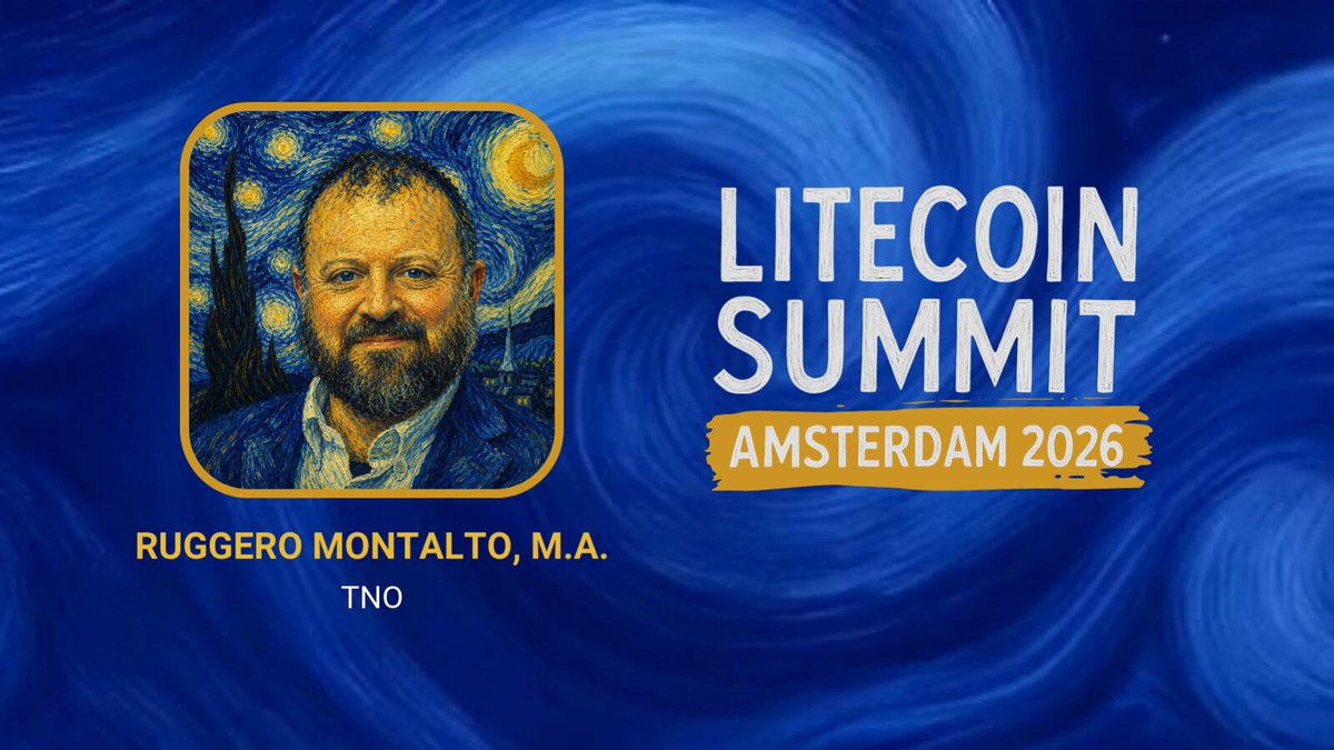 The image features a man with a beard wearing a suit and tie, who appears to be the host of an event named "Litecoin Summit Amsterdam 2016". The man is standing against a blue background that has white swirls, giving off a Starry Night theme. The text on the image reads "Litecoin Summit Amsterdam 2016" and "Ruggero Montalto, M.A."