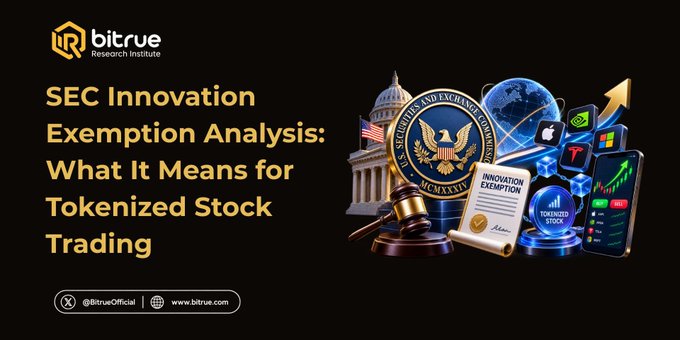 A Bitrue Research Institute promotional banner titled 'SEC Innovation Exemption Analysis: What It Means for Tokenized Stock Trading,' featuring imagery of the SEC seal, a gavel, and trading app interfaces.
