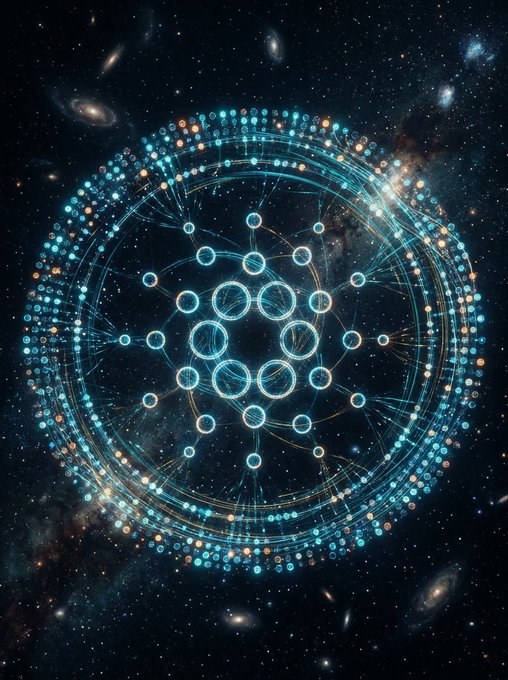 An abstract cosmic artwork featuring a glowing blue circular mandala-like structure with interconnected nodes and rings set against a starry galaxy background with various nebulae.