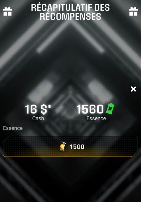 A game rewards screen in French reads “RÉCAPITULATIF DES RÉCOMPENSES” and shows “16 $* Cash,” “1560 Essences,” plus a lower entry labeled “Essences” with “1500.”