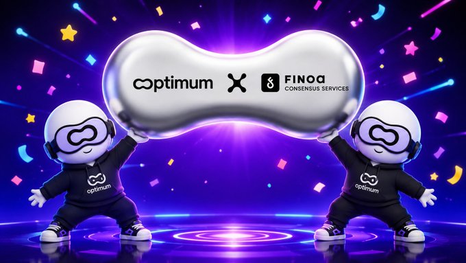 A promotional graphic announcing a partnership between Optimum and Finoa Consensus Services, featuring two cartoon mascot characters holding a silver bar with both logos.