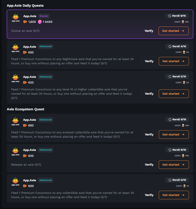 A screenshot of the App.Axie Daily Quests interface showing various tasks under 'App.Axie Daily Quests' and 'Axie Ecosystem Quest' categories, each with reward points (1,600, 650, 620, 600), AXS token rewards, reroll options, costs, and 'Verify' or 'Get started' buttons.