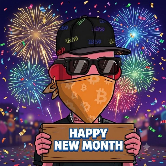 A cartoon character wearing a Bitcoin-patterned bandana, sunglasses, and a cap holds a "HAPPY NEW MONTH" sign against a festive fireworks and confetti backdrop, matching the post's celebratory "happy new month" greeting.