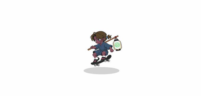 A 2D animated illustration of a chibi-style character carrying a staff with a glowing green lantern, riding a skateboard against a white background.