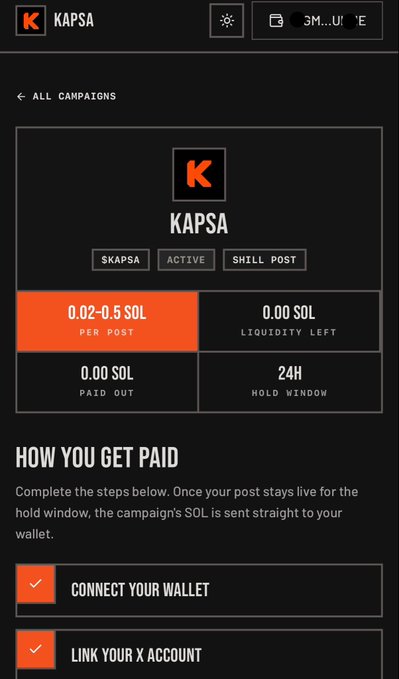 The image shows a KAPSA campaign dashboard displaying a SKAPSA campaign with 0.02-0.5 SOL per post, 0.00 SOL liquidity left, and a 24H hold window, along with steps to connect a wallet and link an X account. The post references missing out on earning 0.18 SOL from a previous campaign and encourages positioning for new ones, which aligns with the screenshot showing a depleted liquidity pool signaling the campaign's opportunity may have passed.