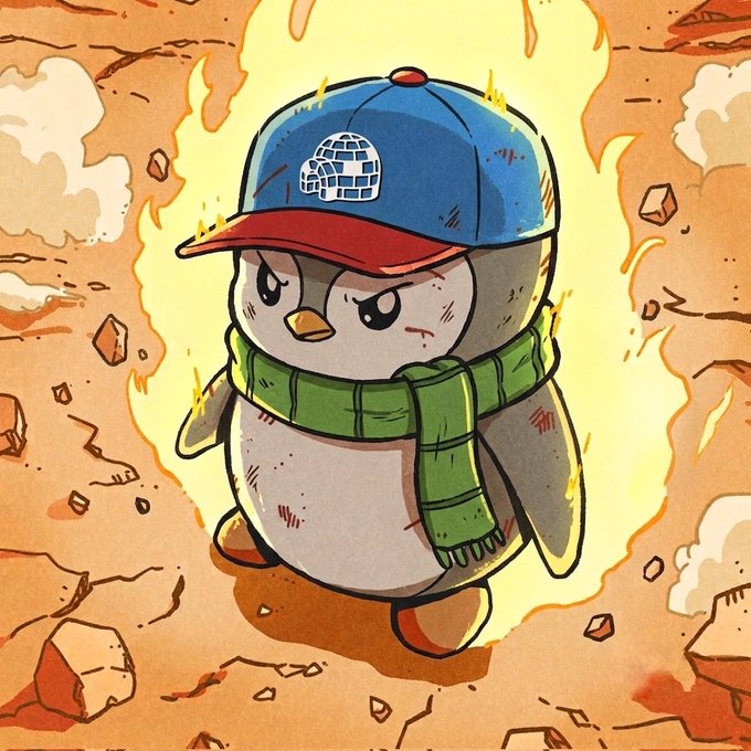 A cartoon penguin wearing a blue and red cap and green scarf, surrounded by flames and rocky debris.