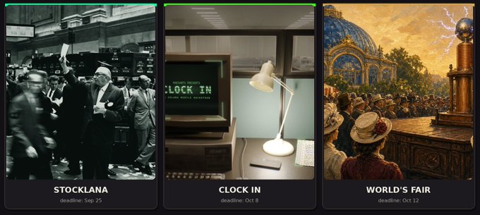 A row of three project cards labeled 'STOCKLANA (deadline: Sep 25),' 'CLOCK IN (deadline: Oct 8),' and 'WORLD'S FAIR (deadline: Oct 12),' each featuring distinct artwork including a stock exchange scene, a retro computer monitor, and a classical world's fair painting.