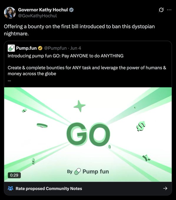The image shows a Twitter thread about a new feature offered by Pump.Fun, where users can contribute to creating bounties for completing various tasks related to the platform's "dystopian nightmare". A person has posted this message on twitter using the name Governor Kathy Hochul from New York as the account they are following. The image contains text that is not visible in the post itself but provides information about the reward system offered by Pump.Fun.