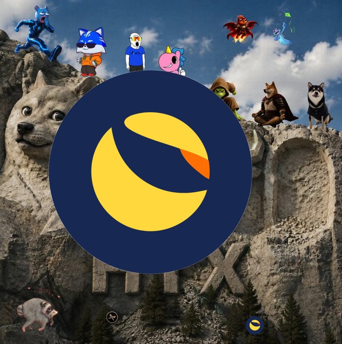 A meme image showing a large Terra/LUNA logo (now LUNC) overlaid on a scene with various Shiba Inu dog characters and crypto mascots on a rocky cliff.