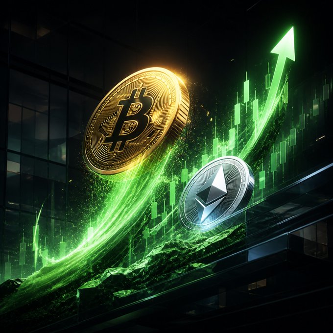 A vibrant digital illustration featuring a golden Bitcoin coin and a silver Ethereum coin ascending along a green upward arrow, overlaid on a candlestick chart indicating a strong crypto market rally.