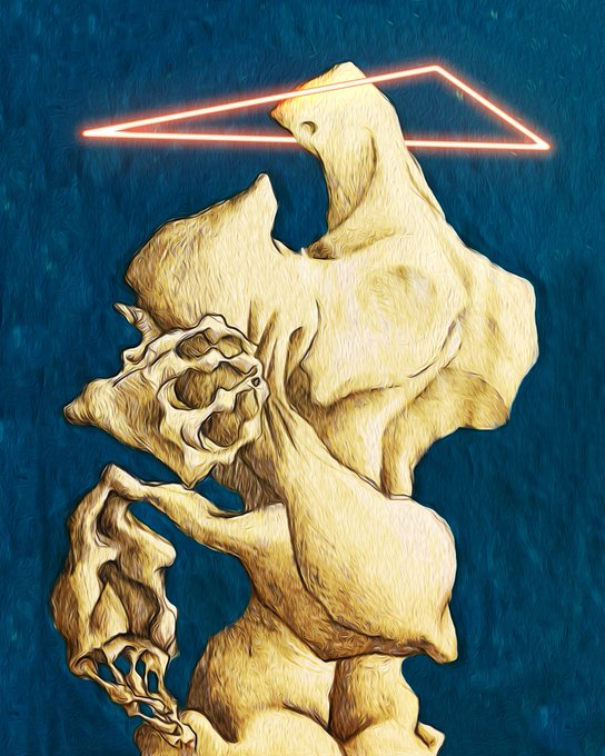 An illustration of a textured, golden-yellow abstract figure or creature beneath a glowing red neon triangle against a dark blue background.