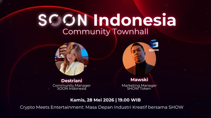 The image features two people sitting next to each other at a desk, possibly discussing or presenting something related to the crypto-entertainment industry. The text "SPECIAL AMA: SOON x SHOWTOKEN!" suggests that there might be an upcoming event or discussion on the theme of "Crypto Meets". This event could potentially involve the intersection of blockchain technology and entertainment, exploring how these two fields can collaborate and benefit from each other's advancements.