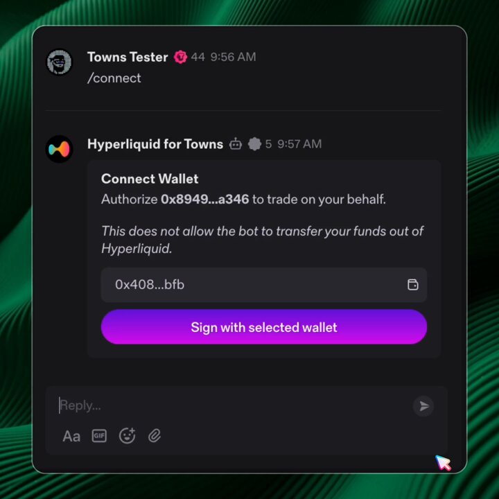 The image shows a screen displaying a message from Hyperliquid Bot, which is an automated trading bot designed for Telegram channels. The bot is currently active and has been trading for Towns Tester. It is turning the chat into a live trading floor by executing trades on behalf of its users. The post suggests that the bot can help users trade in their group chat effectively.