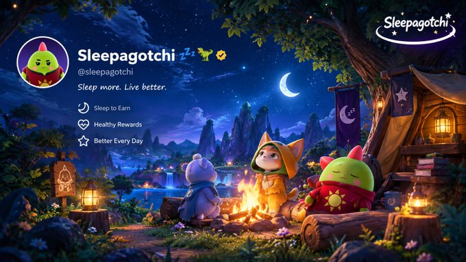 A whimsical nighttime fantasy scene showing cartoon animal characters gathered around a campfire, promoting the 'Sleepagotchi' app with text reading 'Sleep more. Live better.', 'Sleep to Earn', 'Healthy Rewards', and 'Better Every Day'.