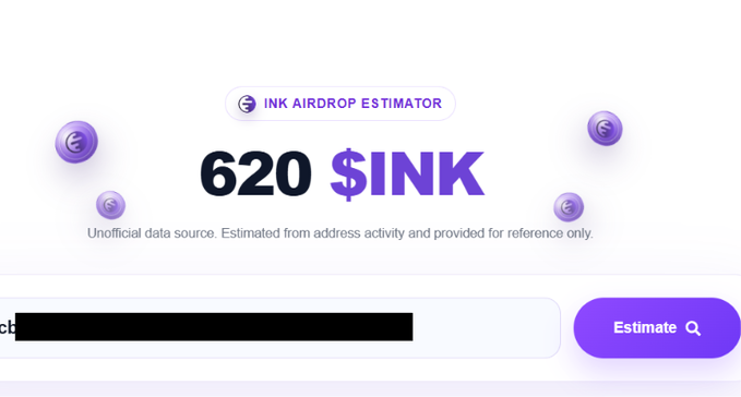 The image shows the INK Airdrop Estimator tool from wheelx.fi, displaying an estimated 620 $INK tokens with a disclaimer noting it's unofficial data based on address activity. A wallet address has been entered into the input field with the "Estimate" button ready to be clicked, matching the post's instructions to paste an EVM wallet and hit Estimate.