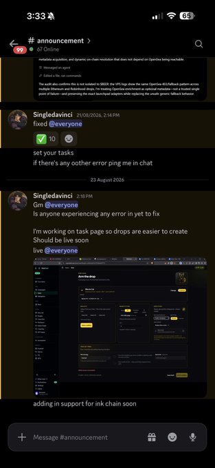 A Discord #announcement channel screenshot shows user "Singledavinci" announcing that "ink chain support" is being added to their drop/task page, with plans for the page to go live soon. The post aligns with the caption, highlighting the upcoming Ink chain support on mintdash and directing viewers to join the Discord for updates.