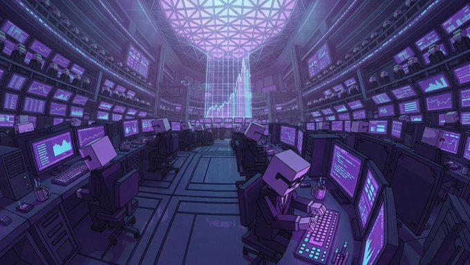 A futuristic purple-lit trading floor filled with rows of blocky humanoid figures working at glowing computer monitors displaying various charts and graphs. The image visually reinforces the post's message about enforcing 5% royalties on secondary sales, depicting a bustling financial hub where "clocked in" workers and trading activity drive new income streams from swap fees and broker flips.
