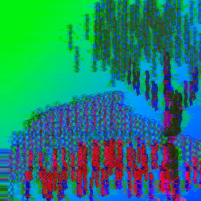 A heavily pixelated, color-distorted abstract image showing green, blue, red, and purple hues forming an indistinct pattern.