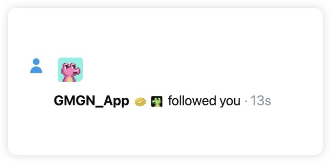 A notification from **GMGN_App** (displayed with a 🟢 verified checkmark and 🌿 emoji) indicating the account followed the user 13 seconds ago, visually representing the BSC-based trading app mention in the post.