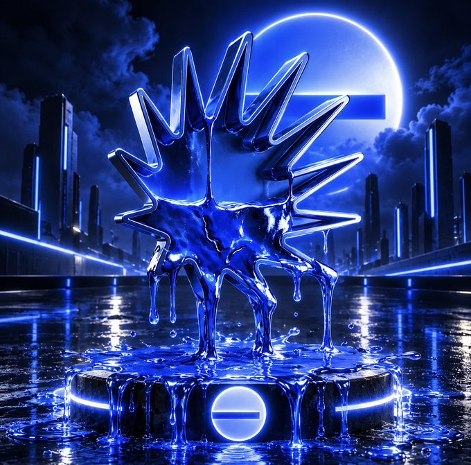 A glossy blue 3D sculpture of a stylized creature or symbol stands on a platform, surrounded by liquid drips in a futuristic cityscape with a large glowing orb in the background.