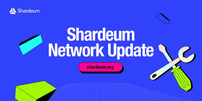 A promotional graphic with a blue background featuring the "Shardeum" logo, the text "Shardeum Network Update," and a "shardeum.org" link button, accompanied by 3D illustrations of tools like a wrench and screwdriver—visually symbolizing the ongoing technical maintenance and network upgrades mentioned in the accompanying post about final testing and the pending network restart.