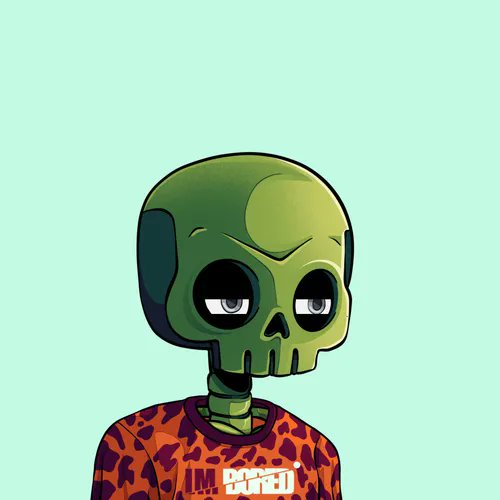 An illustrated green cartoon skull character wearing an orange camouflage shirt with 'IM GHOUL' text, set against a mint green background.