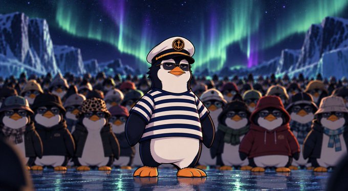 An illustration showing a penguin in a striped sailor shirt and captain's hat standing in front of a large crowd of penguins, with an aurora borealis and ice cliffs in the background.