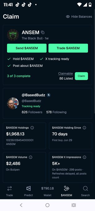 A mobile screenshot of a cryptocurrency app displaying a 'Claim' page for a token called $ANSEM, associated with the account @BasedBudz, showing holdings of $1,968.13, a holding duration of 70 days, and a claimed amount of 86 listed.