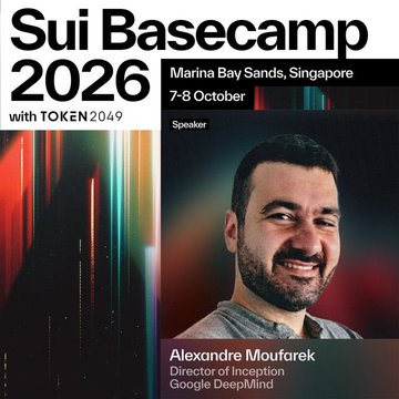 A promotional graphic for 'Sui Basecamp 2026 with TOKEN 2049' held at Marina Bay Sands, Singapore on 7-8 October, featuring speaker Alexandre Moufarek, Director of Inception at Google DeepMind.