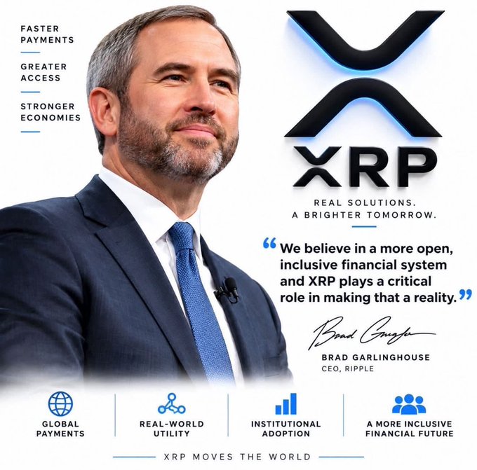 A promotional graphic featuring Brad Garlinghouse, CEO of Ripple, with the XRP logo and text including 'FASTER PAYMENTS', 'GREATER ACCESS', 'STRONGER ECONOMIES', and a quote about a more open financial system.