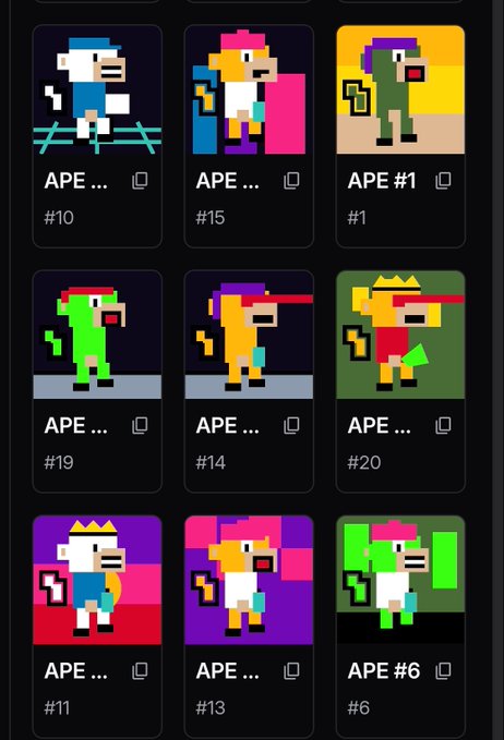 A digital gallery displays a 3x3 grid of pixel art NFT profiles featuring stylized monkey and ape characters with various colorful accessories. Each card is labeled 'APE ...' along with numbers like '#10', '#15', '#1', '#19', '#14', '#20', '#11', '#13', and '#6'.