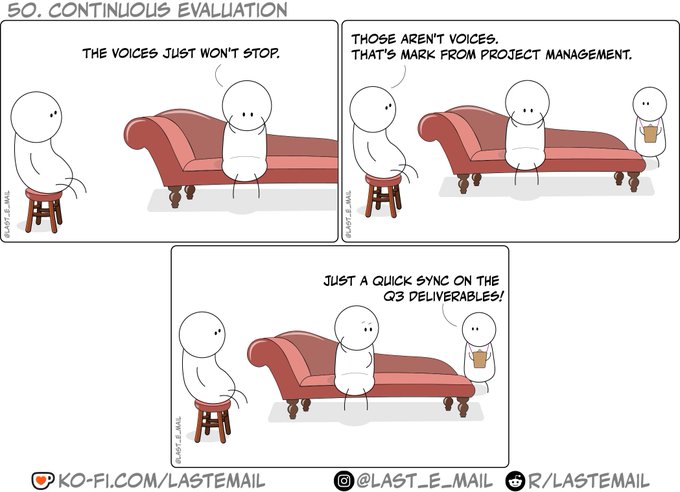 The image features a cartoon strip with three panels, each depicting a man sitting on a couch while talking to another person who is standing behind him. The first panel shows two men having a conversation, the second panel depicts one man sitting on a couch talking to another man, and the third panel shows an animated scene of a man sitting on a couch talking to another man. The cartoon strip also includes text that reads "so. continuous evaluation" and "the voices just won't stop".