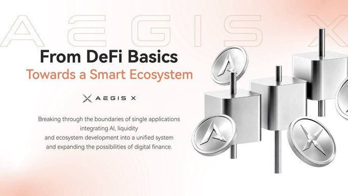 This promotional graphic for **AEGIS X** displays the tagline "From DeFi Basics Towards a Smart Ecosystem" alongside metallic cube-and-coin 3D icons, visually reinforcing the post's message of building an integrated, intelligent financial system that breaks beyond traditional DeFi boundaries.