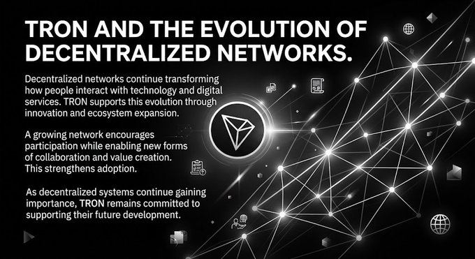 An infographic titled 'TRON AND THE EVOLUTION OF DECENTRALIZED NETWORKS' describing how TRON supports decentralized networks through innovation and ecosystem expansion.