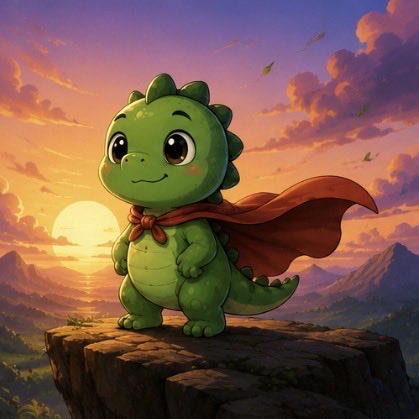 A cute, cartoon-style illustration of a small green dinosaur or dragon character wearing a red superhero cape, standing on a cliff against a vibrant sunset sky.