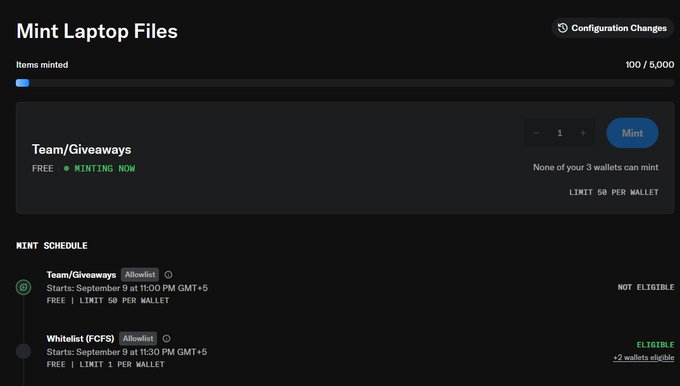 A "Mint Laptop Files" interface shows 100/5,000 items minted for Team/Giveaways, with a free mint currently active and a limit of 50 per wallet, though the user is marked as "NOT ELIGIBLE" since none of their 3 wallets can mint. A Whitelist (FCFS) phase is listed as eligible at 11:30 PM GMT+5 with a limit of 1 per wallet, aligning with the post about an upcoming free mint opportunity.