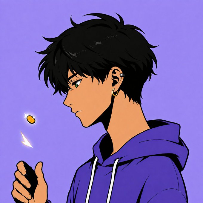 An anime-style illustration of a young man with messy black hair, an earring, and a purple hoodie, looking down thoughtfully at a glowing golden object floating above his hand against a solid purple background.