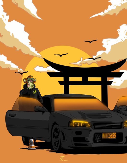 A stylized illustration of a figure with green dreadlocks wearing a black jacket with gold accents, stepping out of a black sports car with license plate 'NAYC3835', set against an orange sunset with a Japanese torii gate silhouette and birds in flight.