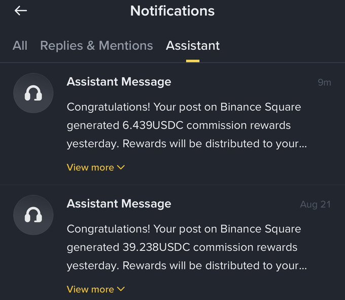 A Notifications screen showing two Assistant Messages congratulating the user on commission rewards of 6.439 USDC and 39.238 USDC generated on 'Binaince Square'.